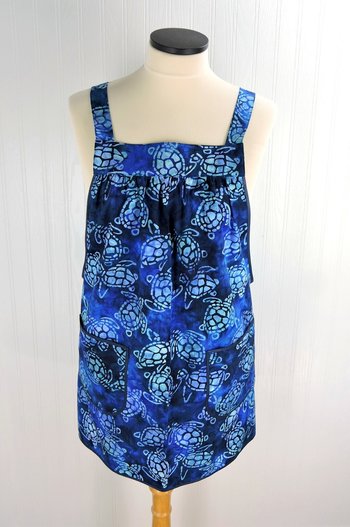 Sea Turtle Batik Pinafore Apron with no ties, relaxed fit smock apron with pockets, handmade-to-order XS - 5X, blue-purple-green watercolor