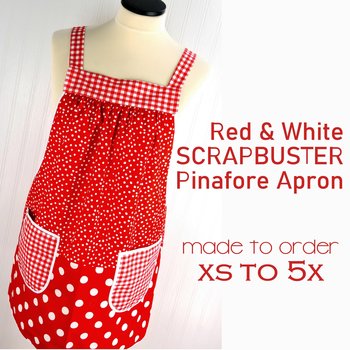 Red & White Scrapbuster Pinafore, relaxed fit smock with pockets, comfortable (doesn't touch neck) made to order XS to 5X plus size
