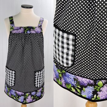 Lilacs and Polka Dots Scrapbuster Pinafore Apron with no ties, relaxed fit smock with pockets, ready to ship fits L/XL/2X, SHIPS FAST