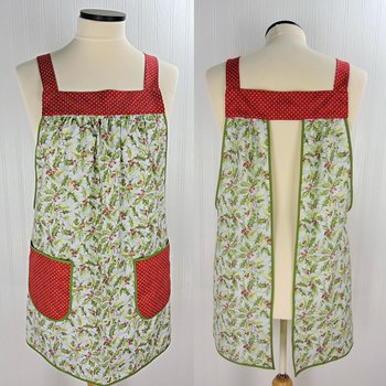 Susan Winget HOLLY Pinafore with no ties, relaxed fit smock with pockets, Lovely Xmas Hostess Apron, made to order XS to 5X plus size