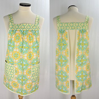 Notting Hill Historic Tile Pinafore Apron with no ties, relaxed fit smock with pockets fits L/XL/2X, Ready to Ship
