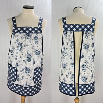 Tranquility Roses Pinafore Apron with no ties, blue and white floral smock apron with pockets made-to-order XS to 5X