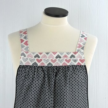 Cream Flirt Hearts Scrapbuster Pinafore with no ties, relaxed fit smock with pockets for Valentine's Day, standard size L/XL/2X, SHIPS FAST