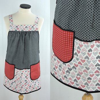 Cream Flirt Hearts Scrapbuster Pinafore with no ties, relaxed fit smock with pockets for Valentine's Day, standard size L/XL/2X, SHIPS FAST