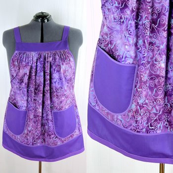 Purple BATIK Pinafore with no ties (straps go straight over the shoulders) relaxed fit smock apron with pockets fits 3X - 5X, ready to ship