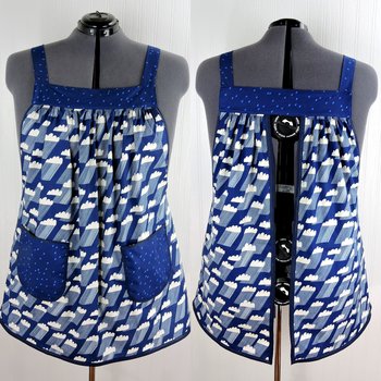 Rain Clouds Pinafore with no ties (straps go straight over the shoulders) relaxed fit smock apron with pockets fits 3X - 5X, ready to ship