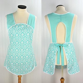 Aqua Petite Damask Retro 50s Smock Apron, relaxed fit "H-back" doesn't touch neck, no pockets, LAST ONE is ready to ship (fits L/XL)