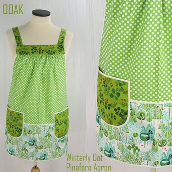 Winterly Dot Pinafore Apron with no ties (straps go straight over the shoulders) relaxed fit smock with pockets, fits L/XL/2X ready to ship