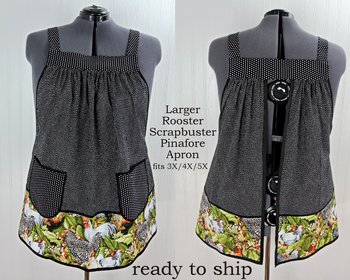 Larger Rooster SCRAPBUSTER Pinafore Apron with no ties, relaxed fit smock with pockets, farmhouse kitchen apron, ready to ship fits 3X/4X/5X