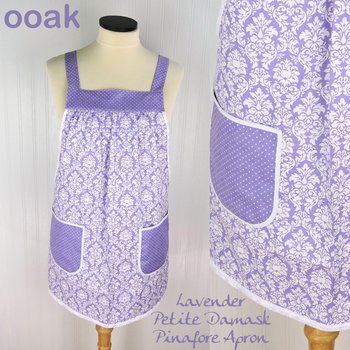 Lavender Petite Damask Pinafore with no ties (straps go straight over the shoulders) relaxed fit smock with pockets, fits L/XL/2X SHIPS FAST