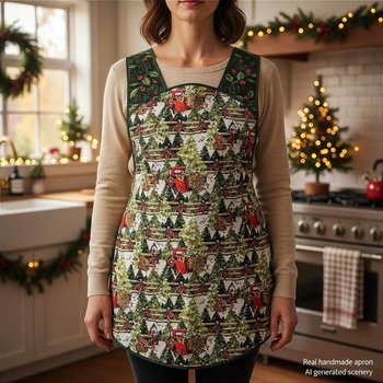 XS-4X Retro 50s Christmas Smock, Pine Trees and Fences with old Red Trucks, relaxed fit H-back apron, made to order with pocket options