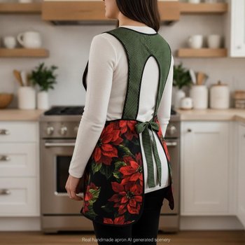 XS-4X Retro 50s Christmas Smock, Large Poinsettias on Black relaxed fit H-back apron (optional) pockets, over the head apron with waist ties