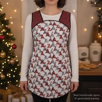 XS-4X Gnome for the Holidays Retro 50s Christmas Smock, black+white+red relaxed fit H-back apron w/ optional pockets