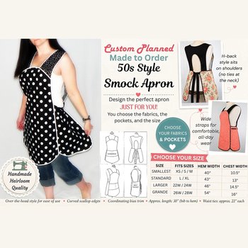 Customized 1950s Smock Apron, Retro H-Back Apron, Handmade Kitchen Apron- CHOOSE YOUR FABRIC- Vintage Style Cooking Apron, Gift for Baker