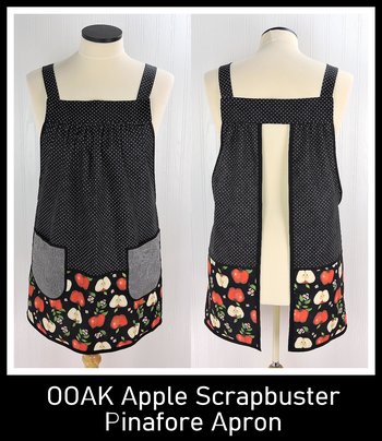 OOAK Apple Scrapbuster Pinafore with no ties (straps go straight over the shoulders) relaxed fit smock with pockets L/XL/2X ships now