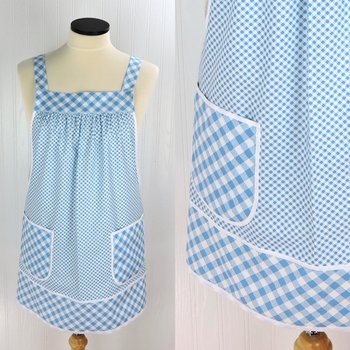 Light Blue Check Pinafore with no ties, Relaxed Fit Farmhouse Smock with pockets, straps go straight over the shoulders made-to-order XS- 5X