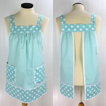 OOAK Aqua Dot Pinafore with no ties, relaxed fit smock with pockets, straps go straight over the shoulders, ready to ship, fits L/XL/2X