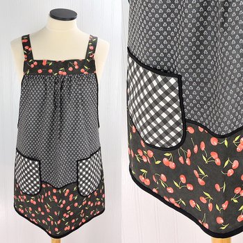 OOAK Midnight Cherries Pinafore with no ties (straps go straight over the shoulders) relaxed fit smock with pockets, L/XL/2X ships now